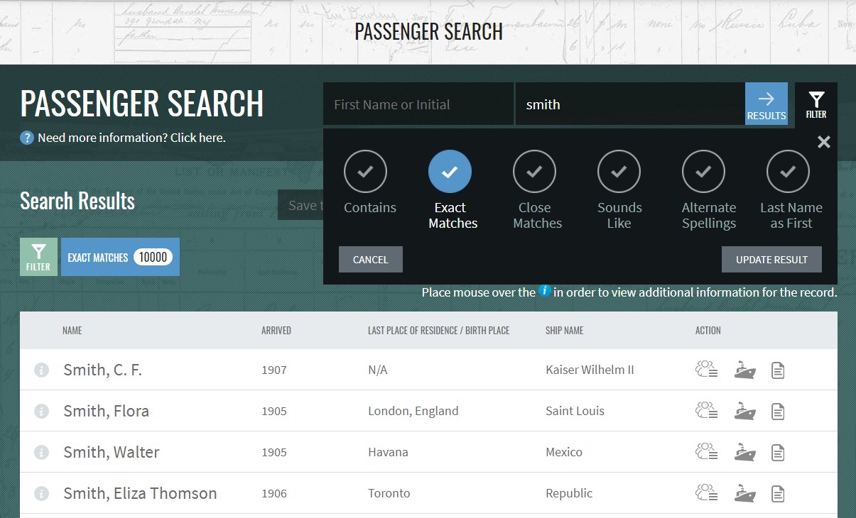 Ellis Island Passenger Database name filters
