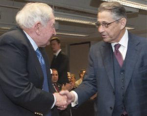 David Rockefeller congratulates Sheldon Silver, who received this year’s David Rockefeller Lower Manhattan Leadership Award from the Downtown Alliance  