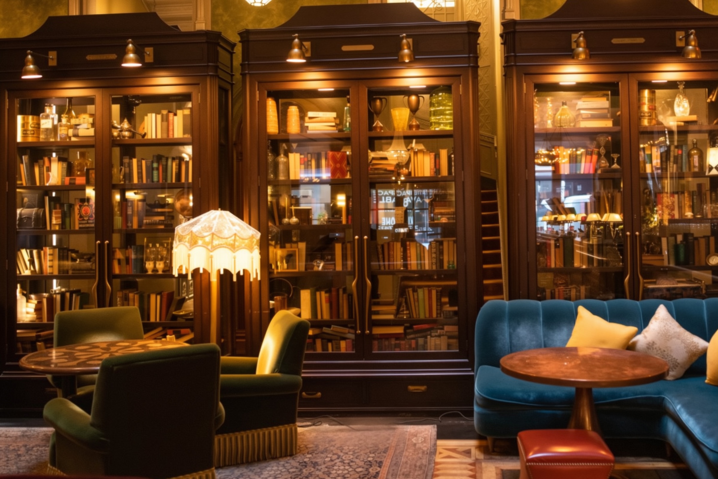 A library bar with glass bookshelves, a blue couch and a table with green plush chairs and an antique lamp.