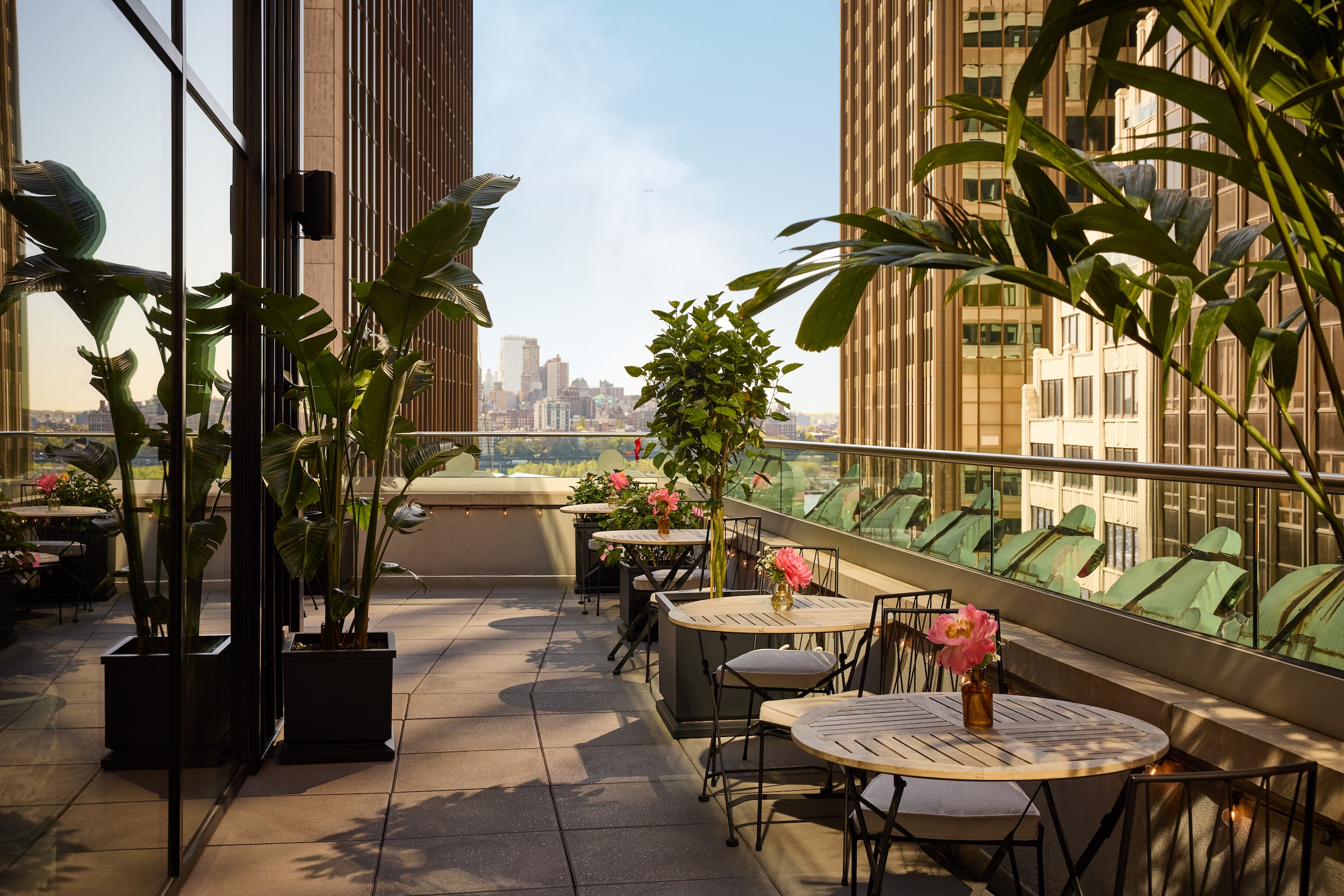 A rooftop bar with tables, greenery, pink flowers in vases and a skyline view.