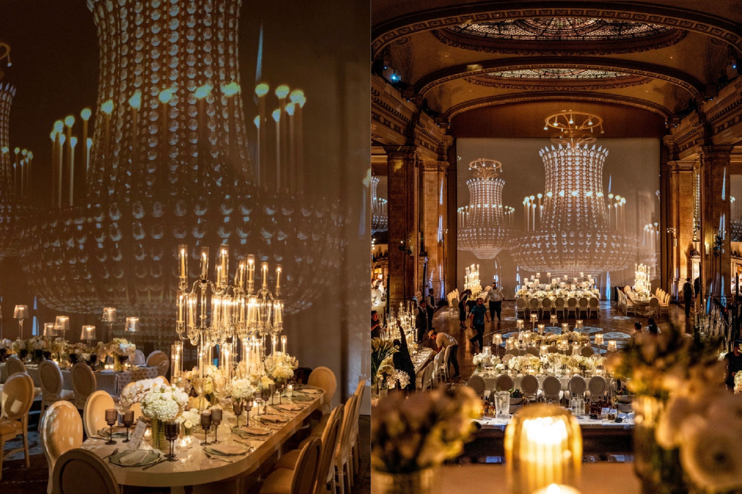 Big wedding event space with lighting production, chandeliers and ornate table settings.