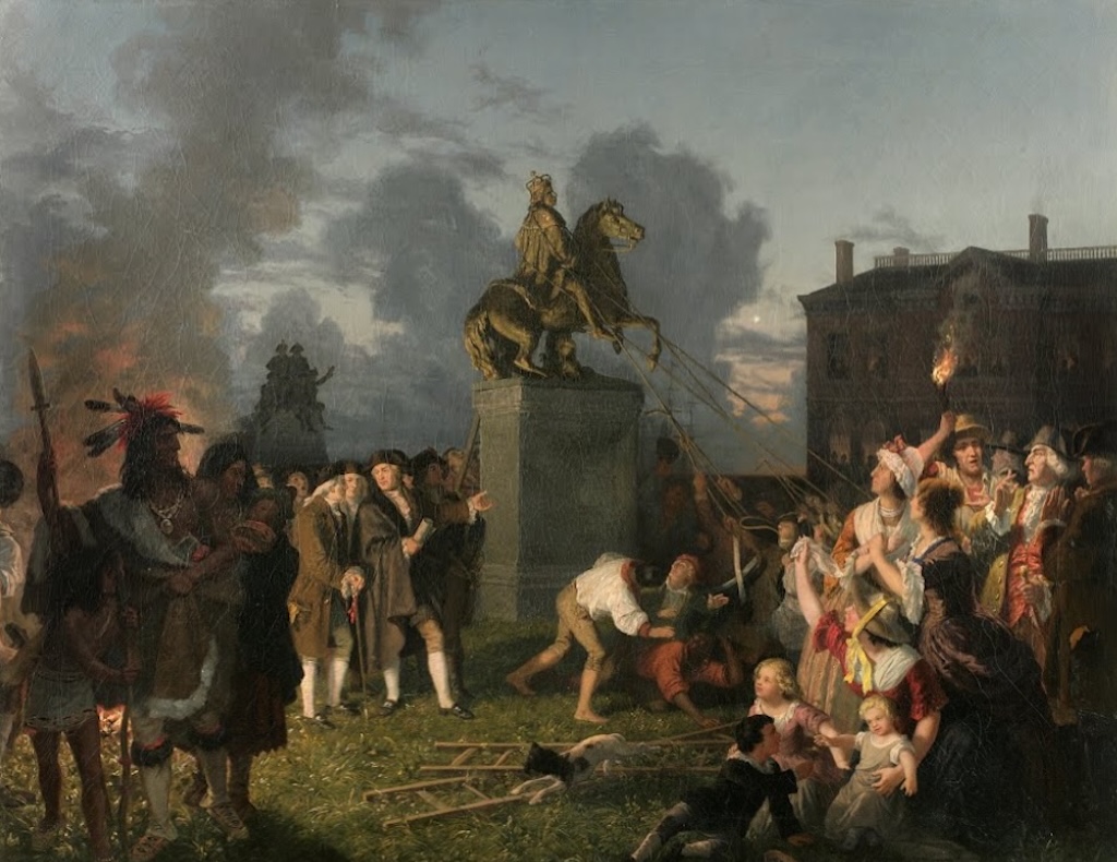 A historical painting depicting a diverse crowd of people gathered at twilight to pull down a gilded equestrian statue of King George III. Men use ropes to heave the statue off its pedestal, while others watch and cheer. In the foreground, a group of Native Americans stands to the left, and women and children are gathered on the right. In the background, a large brick building stands under a dark, cloudy sky with a faint moon. The lighting is dramatic, highlighting the action and the gold of the statue.