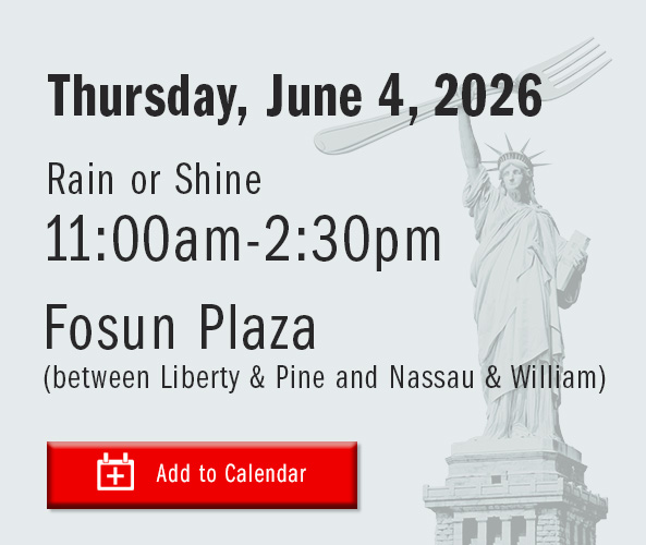 A promotional web banner featuring a light gray background. On the right, there is a stylized graphic of the Statue of Liberty holding a large silver fork instead of a torch.The text on the left reads:Date: Thursday, June 4, 2026Condition: Rain or ShineTime: 11:00 am – 2:30 pmLocation: Fosun Plaza (between Liberty & Pine and Nassau & William)At the bottom left, there is a prominent red "Add to Calendar" button with a white calendar plus icon.