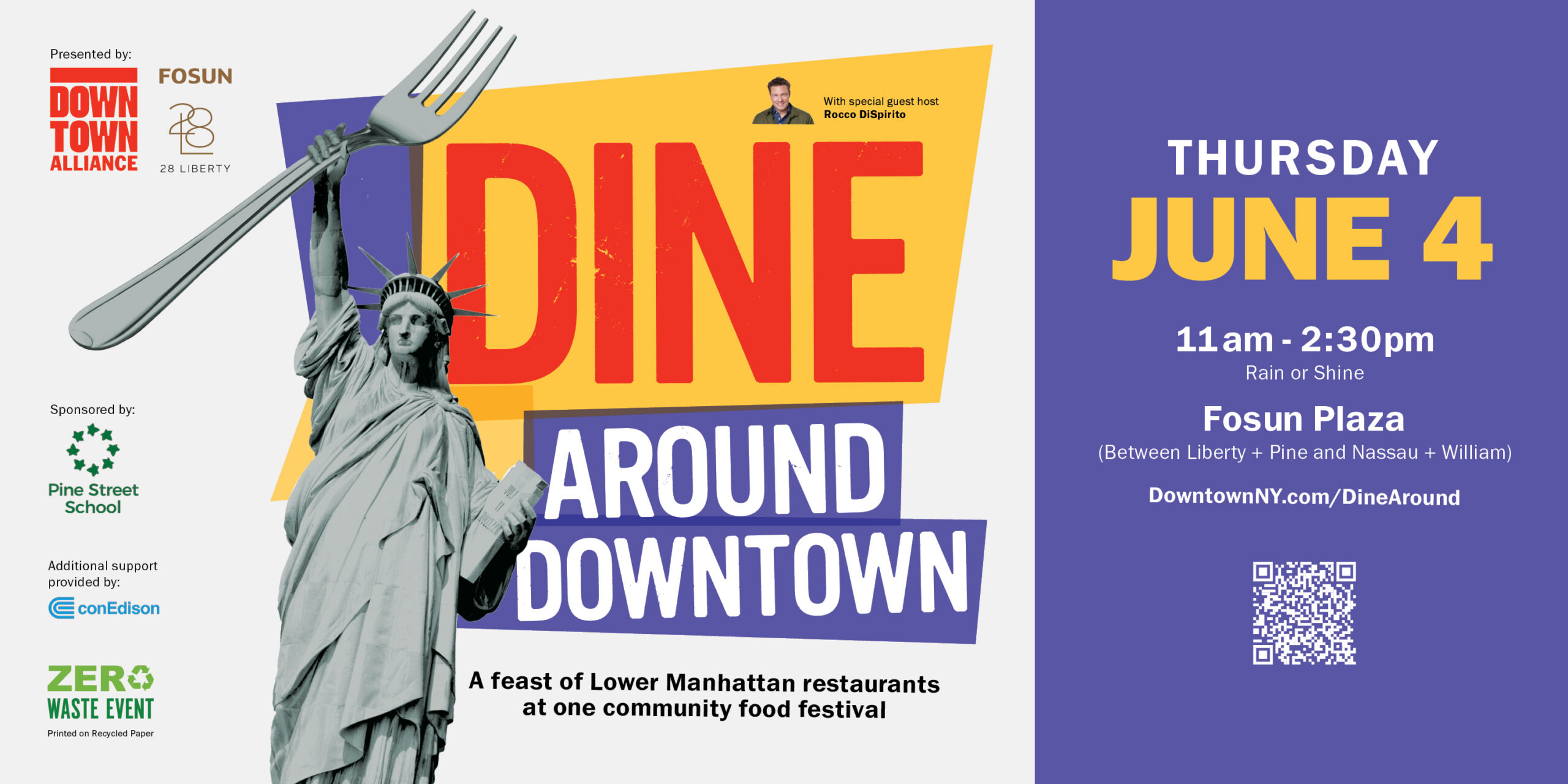 Event poster for "Dine Around Downtown," a community food festival in Lower Manhattan featuring a feast of local restaurants. The event takes place on Thursday, June 4, 2026, from 11 am to 2:30 pm at Fosun Plaza. The graphic features the Statue of Liberty holding a giant fork.