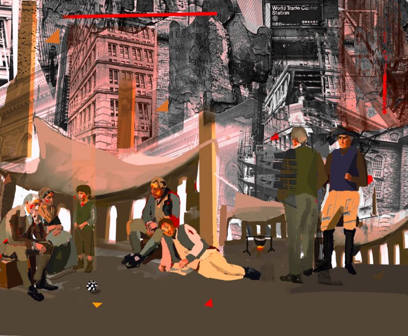 A digital collage juxtaposing Revolutionary War-era figures with a modern New York City backdrop. In the foreground, stylized figures in 18th-century clothing sit and stand under a makeshift canvas shelter; a man in a red jacket tends to a wounded soldier lying on the ground, while a family watches nearby and a contemporary soccer ball rests on the floor. The background features towering historical brick buildings blended with a modern black overhead "World Trade Center Station" subway sign and faint outlines of skyscrapers.