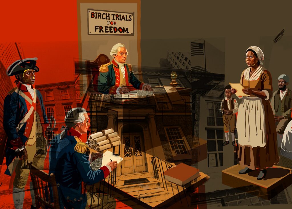 A digital collage depicting a historical legal proceeding titled "Birch Trials for Freedom." In the center, a British military officer sits at a desk beneath the trial sign, while another soldier in a blue and red uniform records notes in the foreground. To the right, an African American woman in 18th-century attire stands on a small wooden platform holding a document, looking ahead with a somber expression as a young boy and another man stand behind her. A modern skyscraper is faintly visible in the dark background behind the historical structures.