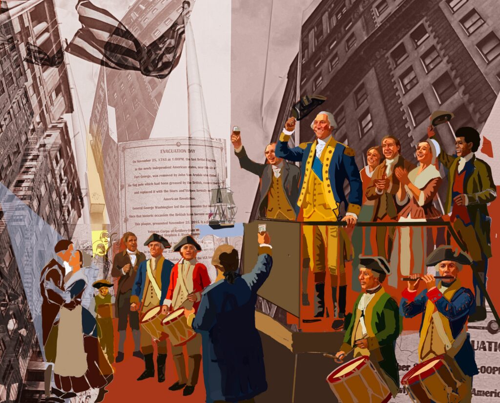 A vibrant digital collage celebrating "Evacuation Day." In the center, George Washington in a blue and yellow continental uniform stands elevated on a platform, raising his hat to a cheering crowd of colonial citizens and modern-looking onlookers. The background features steep, dramatic upward angles of modern skyscrapers, an American flag waving in the sky, and a large historical plaque detailing the events of November 25, 1783, when the last British forces left New York.