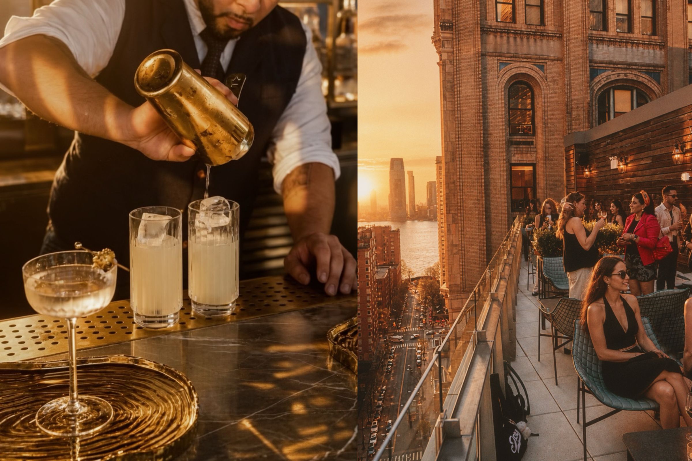 A collage of two photos under warm, golden hour sunlight. On the left, a bartender in a vest and tie pours a cocktail from a metallic gold shaker into highball glasses filled with large ice cubes, with a coupe glass resting on a decorative gold tray in the foreground. On the right, well-dressed patrons chat and mingle on a narrow, glass-railed rooftop patio. The terrace runs alongside a historic brick building, offering a high-angle view of a city street below, a river, and a distant city skyline illuminated by a bright setting sun.