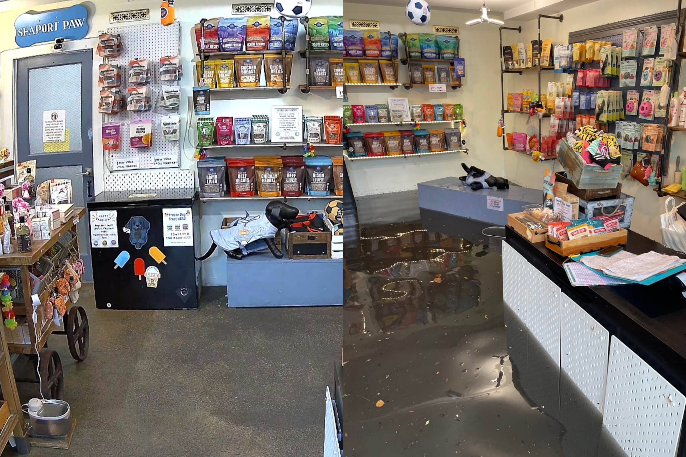 Left frame: Dry interior of "Seaport Paw" pet store featuring shelves stocked with pet food bags, a pegboard displaying pet accessories, a small black freezer with magnets, a cart with products, and a black dog mannequin wearing a light blue vest.

Right frame: The same pet store interior filled with several inches of murky floodwater covering the entire floor, reflecting the brightly lit product displays on the walls above.